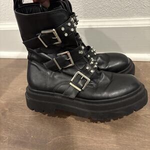 Stradivarius Boots Womens 8 Size 39 Buckle Studded Combat Chunky Platform Punk